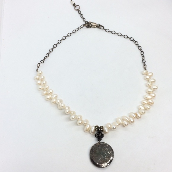 FLEUR DE LIS NECKLACE RICE PEARLS OXIDIZED 925 STERLING SILVER CHAIN PENDANT - Picture 6 of 12